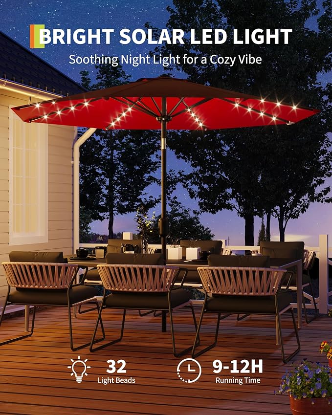 GarveeLife Patio Umbrella with Lights, 8 Ribs Outdoor Market Table Umbrella for Pool, Deck, Backyard (Red, 9 ft)