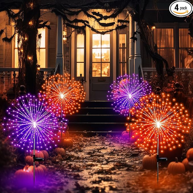 Tujoe 4 Pcs Halloween Solar Lights Solar Firework Lights 180 LED 8 Modes Outdoor Waterproof LED Stake Sparkler Christmas Decoration for Driveway Pathway Garden Patio Walkway Yard Lawn(Orange, Purple)