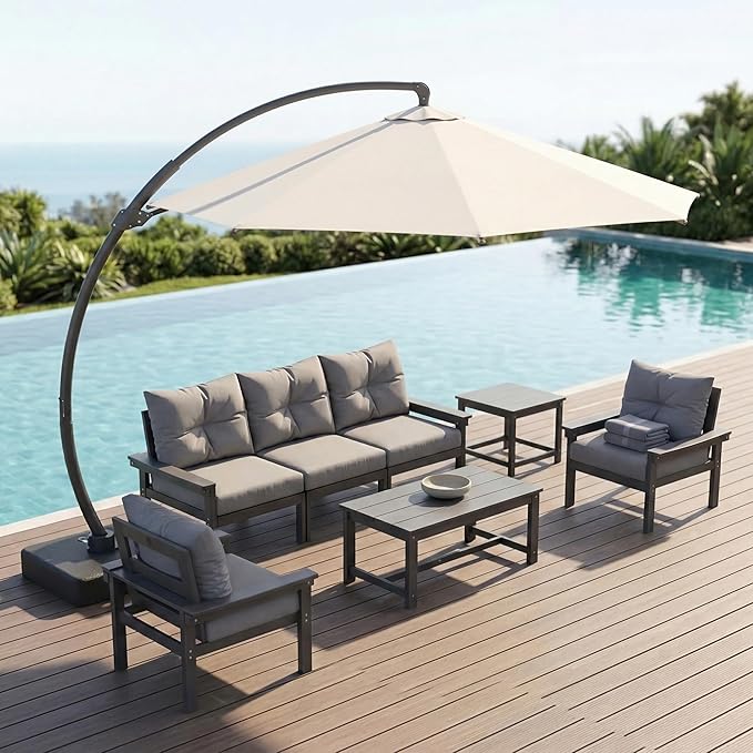 11 FT Cantilever Umbrella with Base Included, Large Round 360° Rotation Offset Umbrella Outdoor Patio, Heavy Duty Aluminum Frame, Sand-Weighted Stand, for Deck, Backyard, Pool, Garden (Cream White)