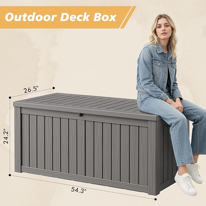 Fancyango 140 Gallon Outdoor Deck Box Waterproof, Large Storage Box for Patio, Resin Storage Bench Lockable for Garden Tools, Package Delivery, Grey