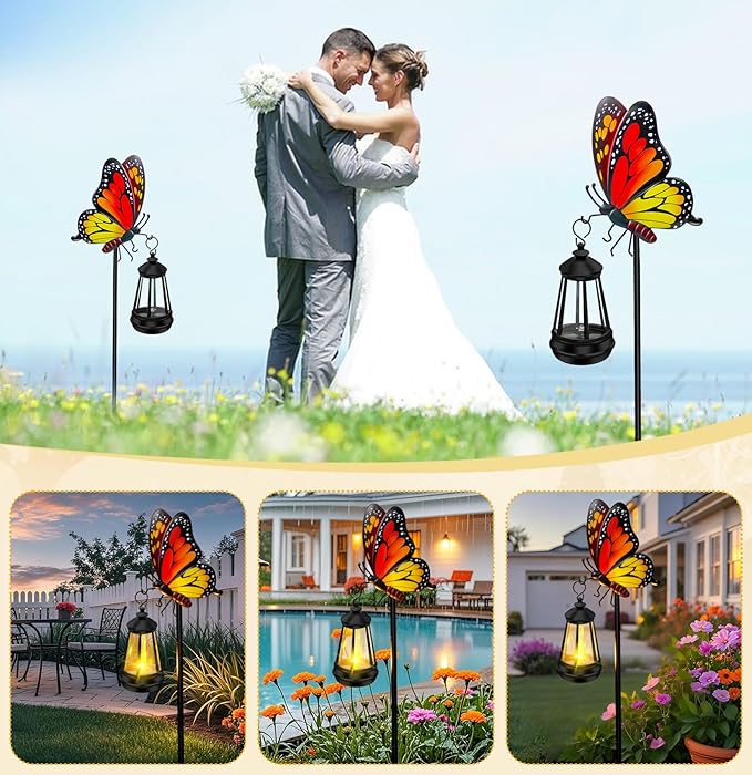 ZFNN Solar Garden Decor Lights Outdoor Waterproof, Metal Butterfly Stakes with Solar Lanterns, Decorative Yard Art for Outside Patio Lawn Ornaments, Gifts for Women Mom（2Pack）