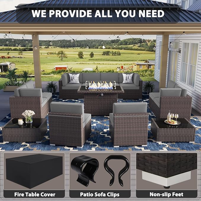 13 Pieces Patio Furniture Set with 44" Propane Gas Fire Pit Table, Outdoor Sectional Wicker Conversation Sofa Sets with Coffee Table