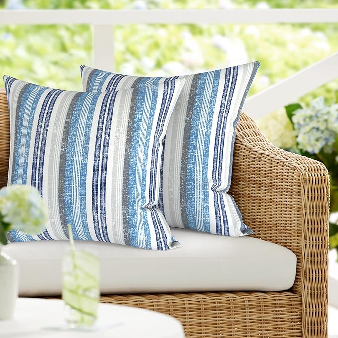 DYTXIII Pack of 2 Outdoor Waterproof Pillow Covers ONLY, 18"x18" Square Decorative Double Printed Throw Pillow Cases for Patio Couch Porch Furniture, Stripe Layered Blue