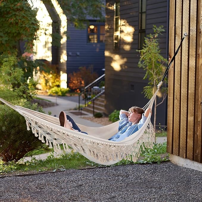 Outdoor Hammock Garden Cotton Hammock Macrame Fringe Hammocks Boho Balcony Hammocks with Handmade Tassels 2 Person Double Hamock 480lbs for Home,Backyard,Beach,Patio