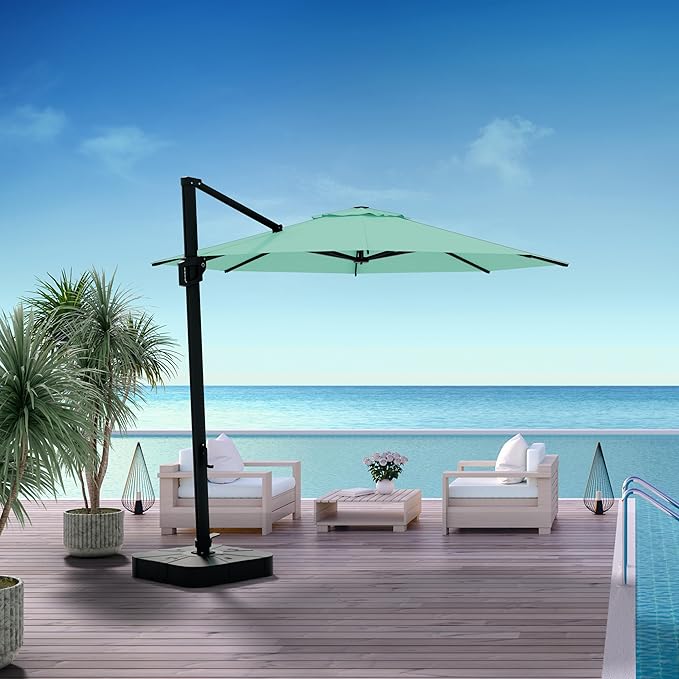 Midtown Umbrellas 10 Ft Outdoor Cantilever Patio Umbrella w/Sunbrella Canvas Glacier Fabric - 360° Rotate Offset Patio Umbrella, Deck Patio Umbrella, Backyard Umbrella & Garden Umbrella - Black Frame