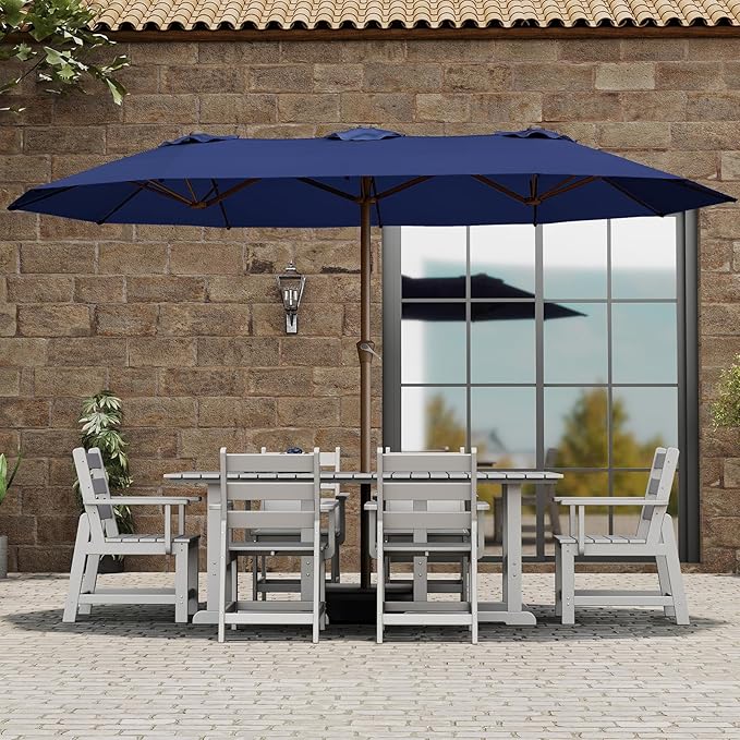 BRIOPAWS 15-FT-Large-Patio-Umbrella-with-Base | Double-Sided | Outdoor Table Umbrellas | w/Crank Handle | 12 Sturdy Fiberglass Rib | UV-Protection | for Garden Deck Backyard Pool | Navy Blue