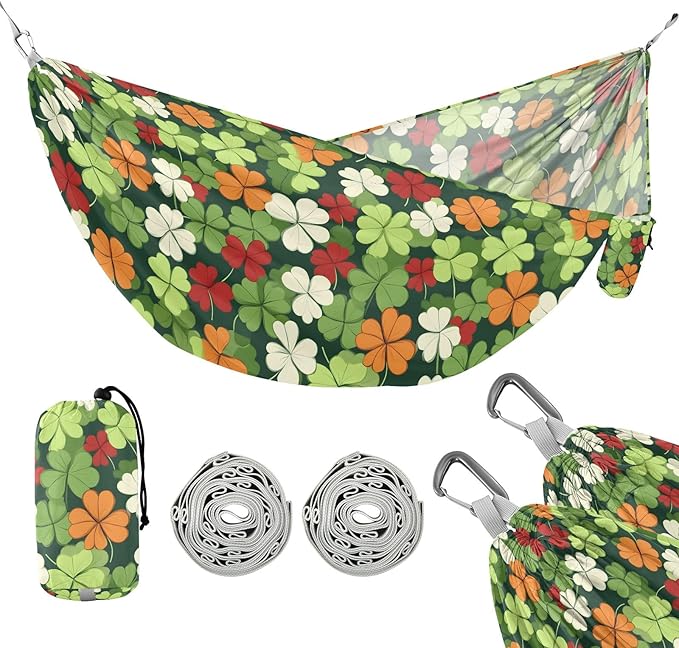 Camping Hammock Outdoor Hammocks for Outside Four Leaf Clover Beach Trees Portable Lightweight with Pockets Tree Straps Indoor