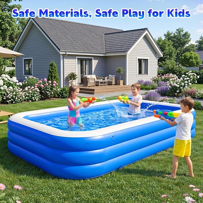MoKo Inflatable Swimming Pool with Canopy, Large Blow Up Pool with Shade for Adults Kids Kiddie Toddler, 102" × 65" × 23" Big Foldable Family Above Ground Pools for Backyard Garden, Blue/White
