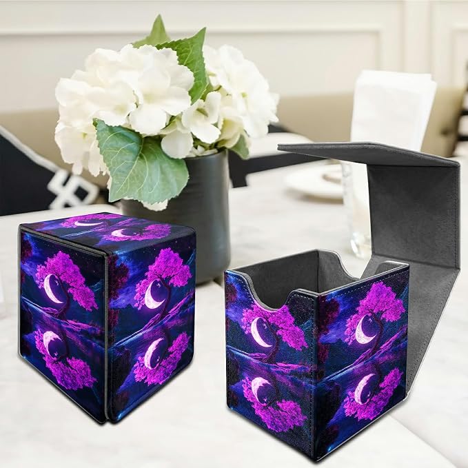 Purple Moon Tree Card Deck Box for MTG, Personalized Card Storage Case Fits 120+ Sleeved Cards, Premium Leather TCG Box with Strong Magnetic Closure for Magic, CCG, PTCG, Baseball Cards