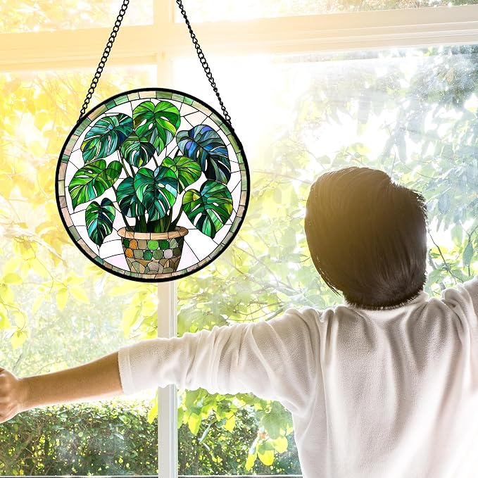 DASTOLL Stained Glass Window Hanging, Green Plant Monstera t Suncatcher Diamond Colorful Glass Panel Sun Catchers Decor for Birthday for Women, Men, Wife, Aunt, and Mom 9.8 in