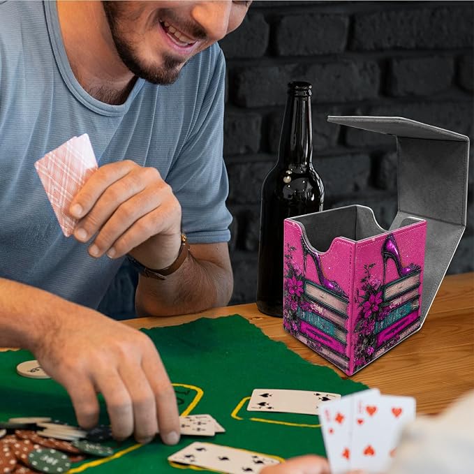 Deck Box for MTG, Cards Storage Box Fits 120+ Sleeved, Leather Medium Size Strong Magnetic Closing Card Case for Board Games Magic TCG CCG Baseball Collection, Pink High Heels