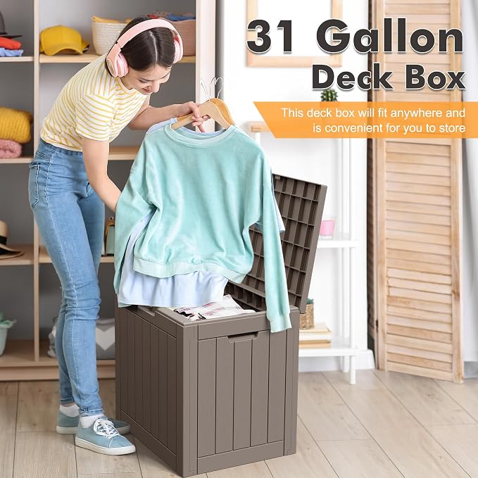 Outdoor Storage Box, 31 Gallon Resin Deck Boxes Outdoor Waterproof For Patio Furniture, Garden Tools, Pool Supplies, Lockable And UV Resistant (Striped Gray)