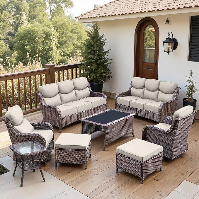 Belord Luxury 6" Thick Cushioned 8 Pieces Patio Furniture Set with Outdoor Couch, Wicker Outdoor Conversation Set with High Back Swivel Rocker Chairs for Deck Porch Yard and Poolside - Brown-Beige