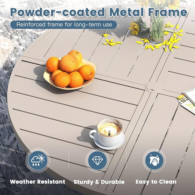 DIFY 7 Pieces Outdoor Patio Dining Set for 6, 50" Round Metal Dining Table and 6 Stackable Textilene Patio Chairs, Outdoor Table and Chairs for Backyard Garden Poolside, Sandshell