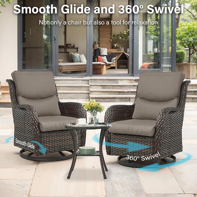 Outdoor Swivel Rocker Patio Chairs Set of 4 with Sofa - 5" Thick Cushion 4 Piece Furniture Set with Sofa All Weather Wicker Conversation Set for Porch Deck - Brown Wicker | Grey Cushions