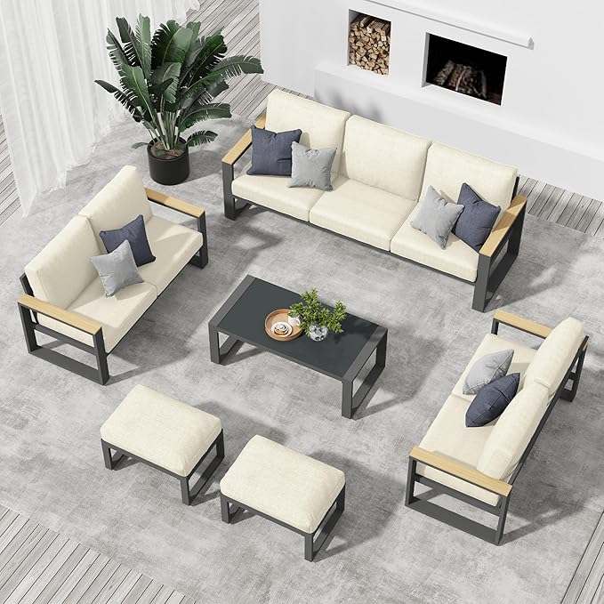 RoyalCraft Aluminum Patio Furniture, 6 Piece Metal Outdoor Furniture Set with Coffee Table & Ottomans, Modern Patio Sofa Sets Outdoor Conversation Set for Pool Garden Porch Backyard, Beige