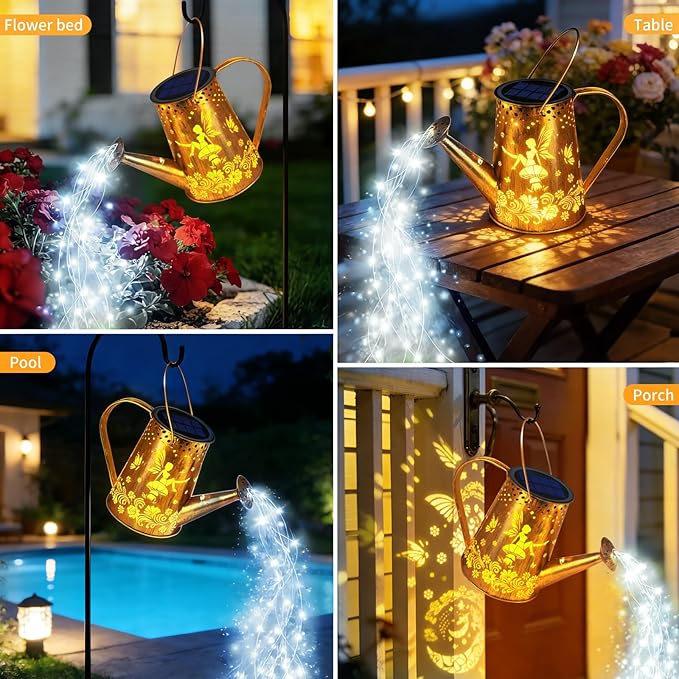 YJFWAL Solar Watering can with Lights, Gifts for Mothers Day Mom Grandma Women Birthday, Waterproof Gardening Gifts Watering Can with Cascading Lights Outdoor Decor for Garden Patio Yard Pathway