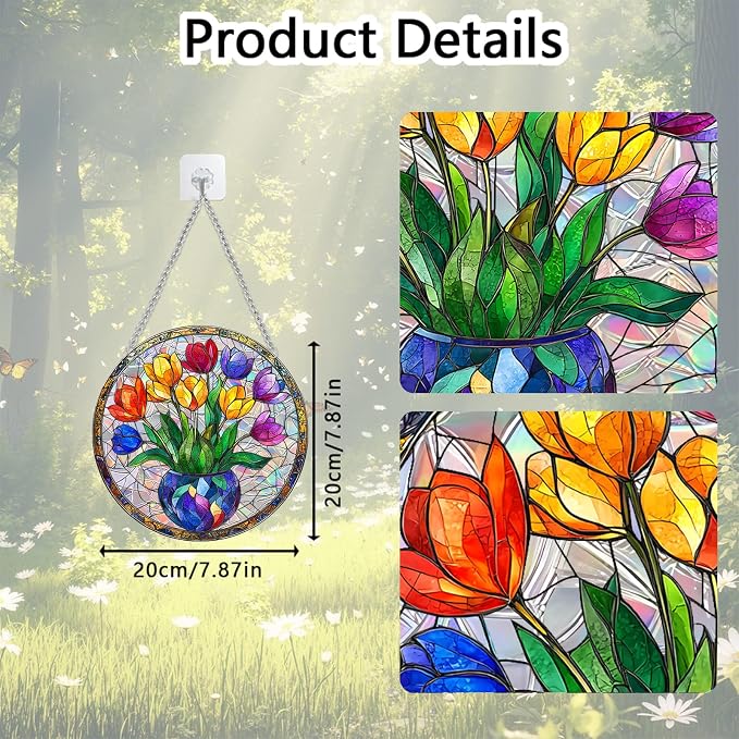 Acrylic Suncatcher Window Hanging, Tulip Flower Sun Catcher Rainbow Indoor Window Decoration for Living Room Bedroom Summer Home Balcony Ornaments, 7.87 inches
