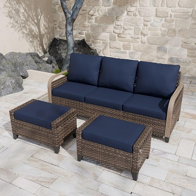 COOS BAY Modern Wicker Outdoor Furniture Set, 3 Piece Patio Conversation Set with a 3 Seat Couch and 2 Ottomans, 3 Piece, Brown/Blue