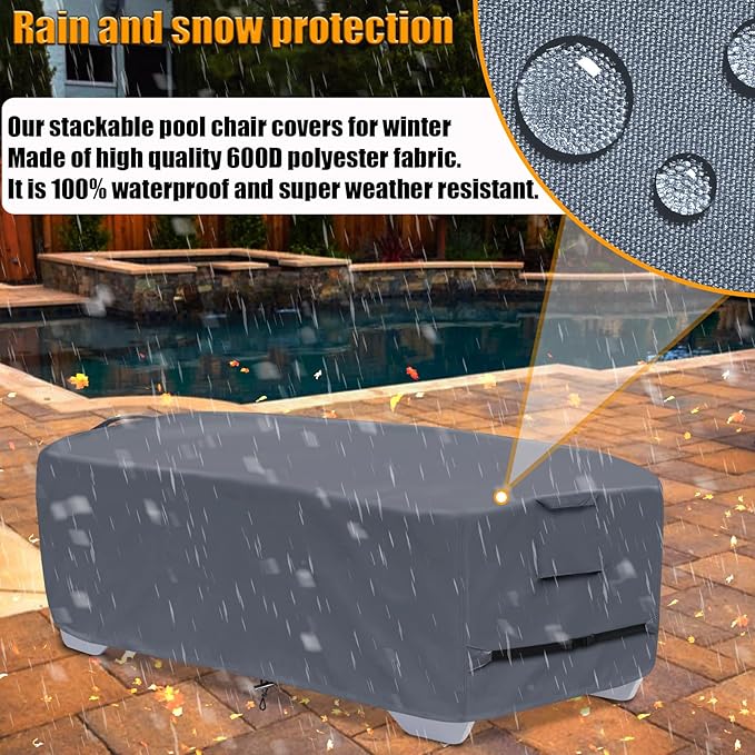 Stackable Chaise Lounge Covers for 2-3 Stackable Patio Lounge Chair, 600D Weather-Resistant Polyester Fabric, Outdoor Furniture Storage Cover for Stackable Lounge Chair - 80"L x 30"W x 20"H, Gray