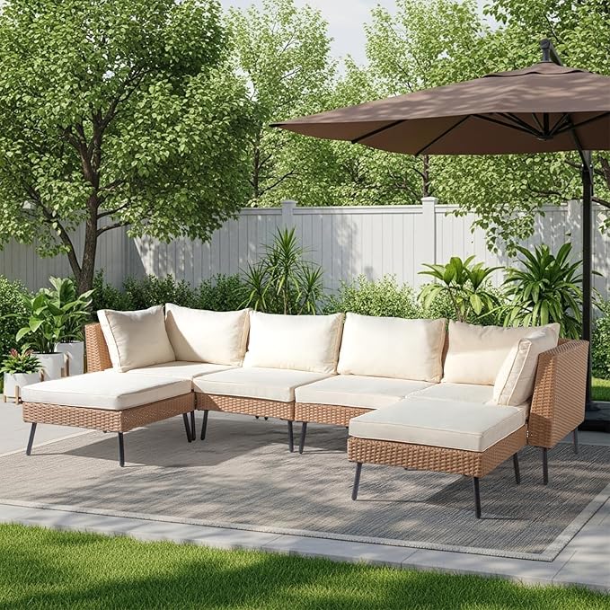 Outvita 6 Pieces Patio Furniture Set, All-Weather Outdoor Sectional Patio Sofa PE Rattan Manual Weaving Wicker Conversation Set with Ottoman & Adjustable Feet & Pillow & Seat Cushion, White & Yellow