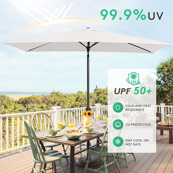 JEAREY 6.5x10ft Olefin Rectangular Patio Umbrella, Rectangle Outdoor Umbrellas with Auto Tilt Crank System, Market Table Umbrella UV Protection Fade-Resistant for Pool Deck Garden Yard, Foggy Gray