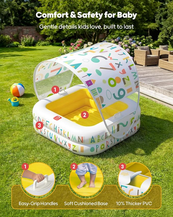 QPAU Baby Pool with Detachable Canopy for Sun Protection, 35" x 10" Portable Inflatable Kids Pool with Padded Bottom, Kiddie Pool & Ball Pit with Handles for Backyard and Indoor, Ages 1-3 (Yellow)