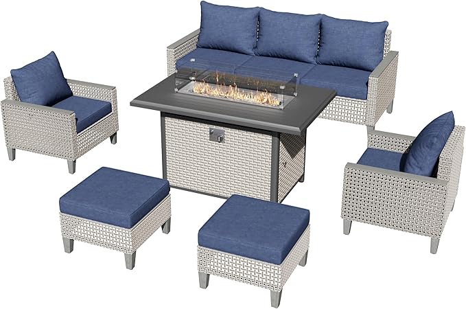 8 Pieces Patio Furniture Set with Fire Pit Table and Ottomans, Modern Outdoor Sectional Sofa with Comfy Cushions, Modular Wicker Rattan Patio Conversation Set, Navy