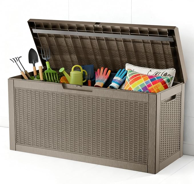 Zapdos Outdoor Storage Box, 60 Gallon Deck Box Indoor and Outdoor Use, Waterproof Resin Rattan Storage Bin for Package Storage Gardening Tools Patio Cushions, Lockable, Fade Resistant, Brown