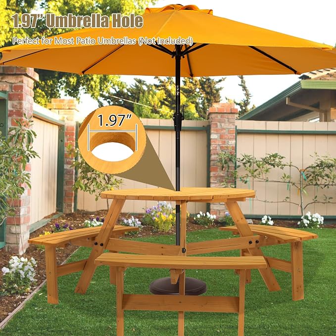 Thanaddo 6-Person Outdoor Circular Wooden Picnic Table, Camping Dining Table w/ 3 Built-in Benches, Outside Table Set with Umbrella Hole, 1720lb Capacity for Garden Patio Backyard - Natural