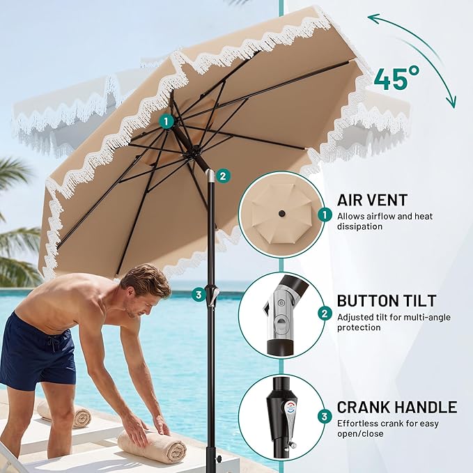 AreShark 9FT Patio Umbrella with Fringe, Wind-Resistant Fiberglass 8 Ribs Tassel Outdoor Umbrella with Crank and Push Button Tilt, Double Tier Vent Sun Shade for Pool, Deck, Backyard, Beige