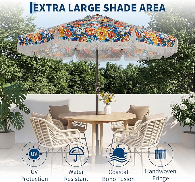 Garvee 10FT Fringe Patio Umbrella with Crank Handle, Push Button Tilt for Sun Shade,8 Fiberglass Ribs,1.5" D Premium Steel Pole, Outdoor Large Tassel Umbrella for Patio Beach Pool Backyard,10' Flower