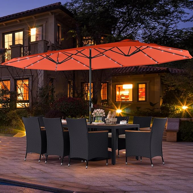 Tangkula 11 Pieces Patio Dining Set with Double-Sided Led Patio Umbrella (Base Included), with 8 Stackable Chairs, Acacia Wood Dining Table and Large Umbrella with Solar Lights (Orange + Off White)