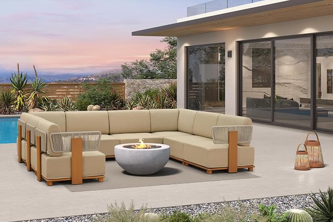 PURPLE LEAF Patio Furniture Set Modular U-Shaped Outdoor Sectional Sofa with 11" Thick Olefin Cushion 8-Piece Outdoor Conversation Set with Coffee Lights for Patio Backyard Garden Poolside, Beige