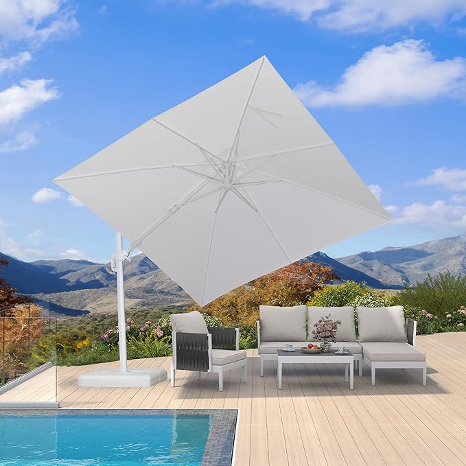 PURPLE LEAF 9' X 12' Right-left Tilt Patio Umbrella Swivel White Cantilever Umbrella with Tilt Aluminum Outdoor Umbrella with 360° Rotation for Deck Pool Garden, White