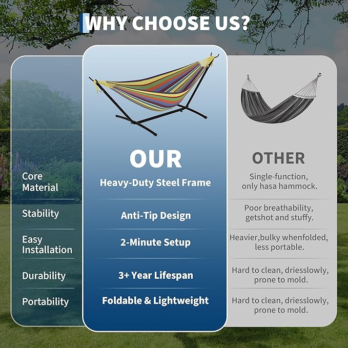 Hammock with Stand, 2-Person Outdoor Portable Hammock with Carrying Bag & Adjustable Frame, Heavys Duty 450lb Capacity, for Beach Camping Backyard Patio