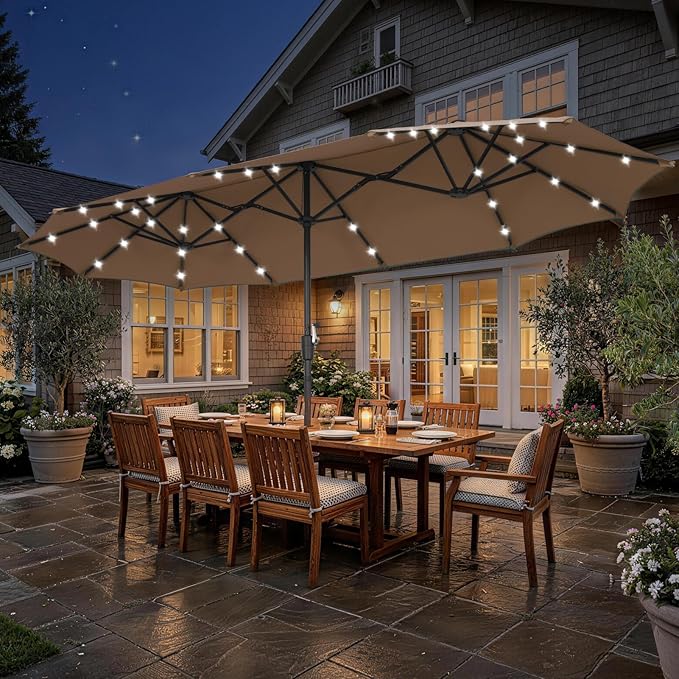 13 ft Patio Umbrella with 36 LED Lights, Large Rectangle Outdoor Solar Umbrella with Strap, Crank, Coffee