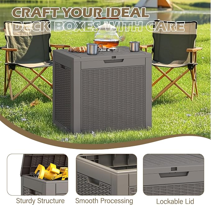 Outdoor Storage Box, 31 Gallon Deck Box with Lockable Lid, Waterproof Resin Storage Bin for Patio Furniture, Garden Tools, Cushions, Grey