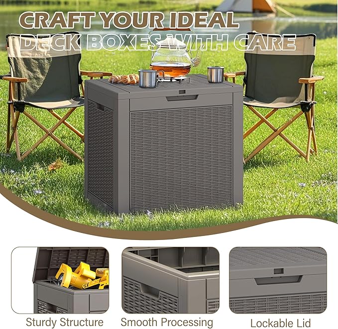 Outdoor Storage Box, 35 Gallon Deck Box with Lockable Lid, Waterproof Resin Storage Bin for Patio Furniture, Garden Tools, Cushions, Grey