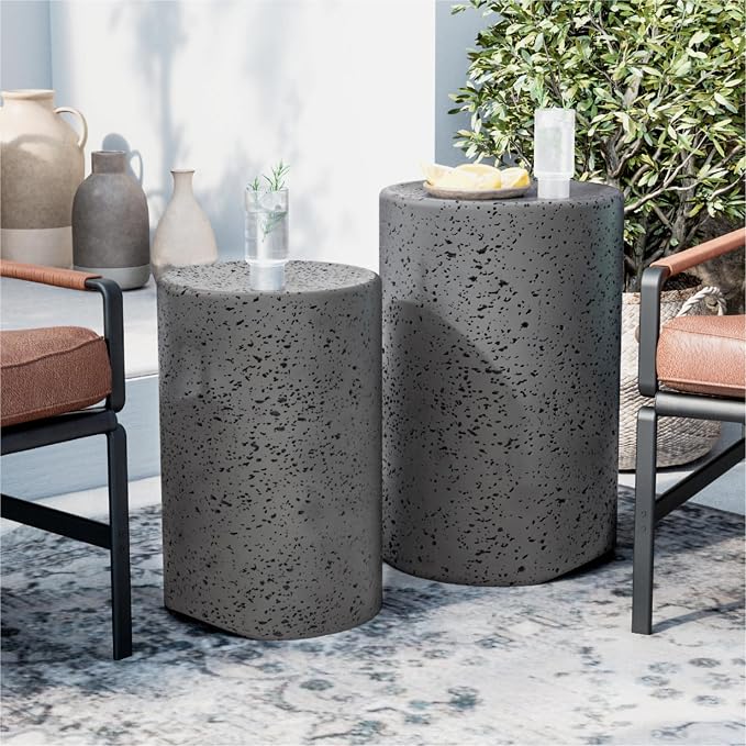SUNBURY Concrete Side Table Set of 2, Outdoor Side Table Nesting for Patio, Outdoor Accent End Patio in Spotted, Ceramic Garden Stool for Yard, Pool, Round, Grey