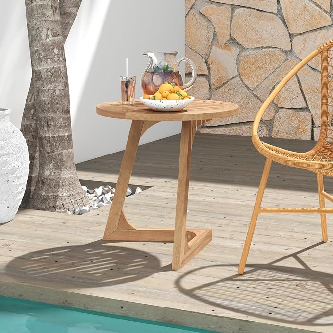 Giantex Teak Wood Outdoor Side Table Set of 2, Round Patio End Table with Slatted Tabletop, Waterproof Sofa and Couch Side Table for Porch, Poolside, Living Room, Small Spaces, Easy Assembly, Natural