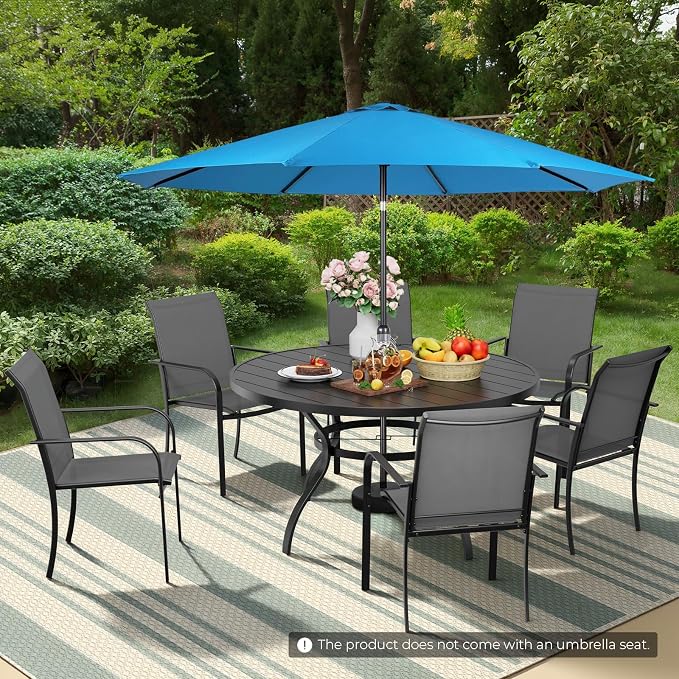Incbruce 8 PCS Patio Dining Set with Sky Blue Umbrella, Outdoor Dining Set of 6 Textilene Chairs and 53" Round Table with Umbrella Hole for Backyard, Garden, and Poolside (Grey)
