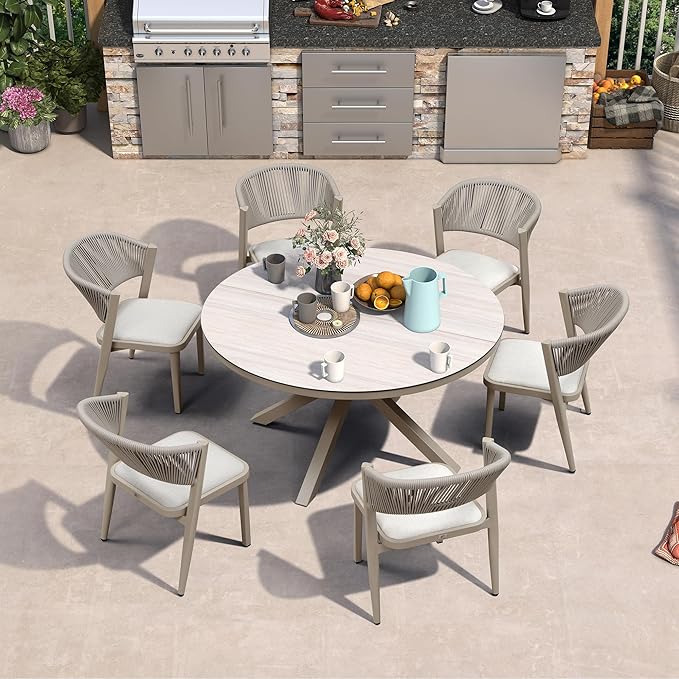 PURPLE LEAF 7 Pieces Round Dining Set Aluminum Frame and Wicker Rattan Patio Table and Chairs with Cushions for Garden Backyard Kitchen Deck Outdoor Champagne