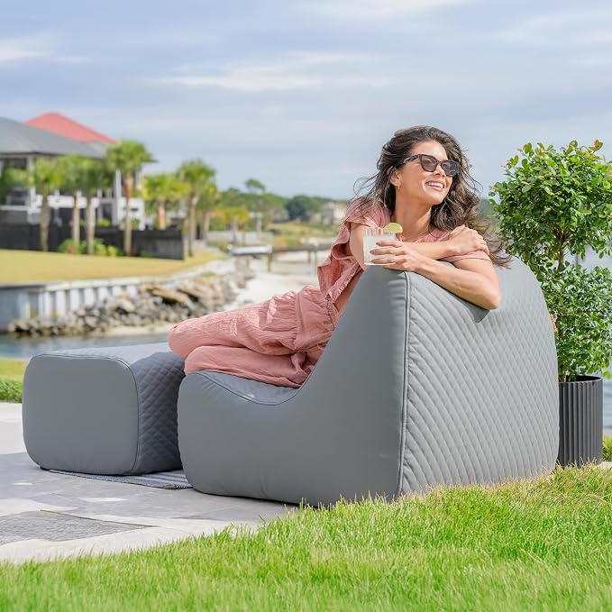 Big Joe Solvana Outdoor Lounge Chair and Ottoman, 2 Piece Patio Furniture Set, Weather-Resistant Cool Touch Silicone Stitched Leather, Moonlit Gray