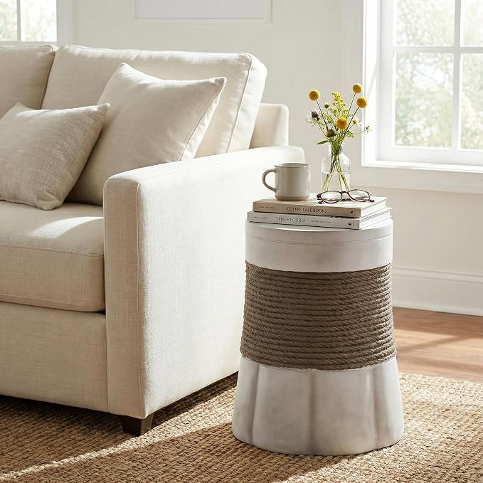 Outdoor Side Table, Small Pedestal End Table with Woven Texture & Scalloped Base, Farmhouse Vintage Accent Table for Indoor Outdoor Living Room Bedroom Patio, No Assembly, 14" D x 16.9" H