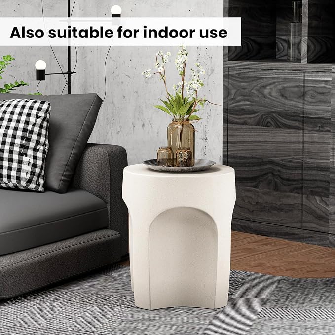 SUNBURY Outdoor Side Tables, 17" H Concrete Accent End Table, Indoor Small Round Patio End Plant Stands Outside, Garden Stools for Yard, Arch Shape Spotted White