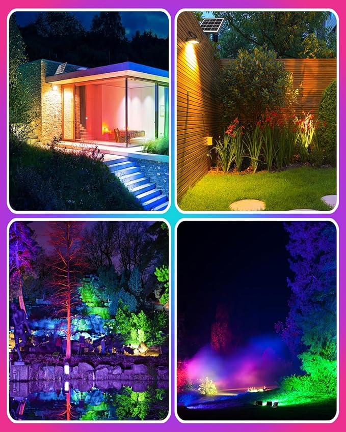 MEIKEE RGBW Solar Flood Light Outdoor, RGB Color Changing 2700K IP66 Waterproof LED Solar Powered Lights, Dimmable Timing Strobe Christmas Halloween Landscape Lighting for Patio Party Garden
