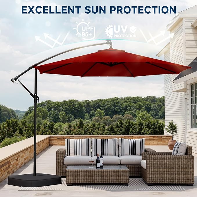 EROMMY 10FT Patio Umbrella with Base Included, Outdoor Offset Cantilever Umbrella, Infinite Tilt, Crank and Cross Base, UV Protection for Backyard, Lawn, Garden & Pool