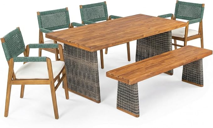 Christopher Knight Home 6-Piece Outdoor Dining Set, Acacia Wood Patio Table with Grey Wicker Bench and 4 Green Wicker Armchairs, Teak Finish, Beige Cushions, Backyard Garden Deck Furniture