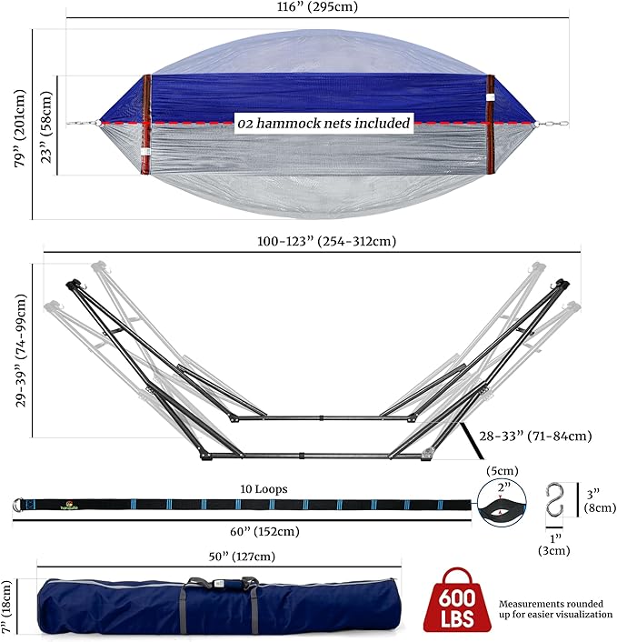 Tranquillo Combo x2 Hammocks with Stand for Outside & Tree Straps, Heavy Duty Hammock with Stand 600lbs for Indoor Outdoor Patio Backyard, x2 Hammocks for 2 Person (Combo - Blue, Medium)